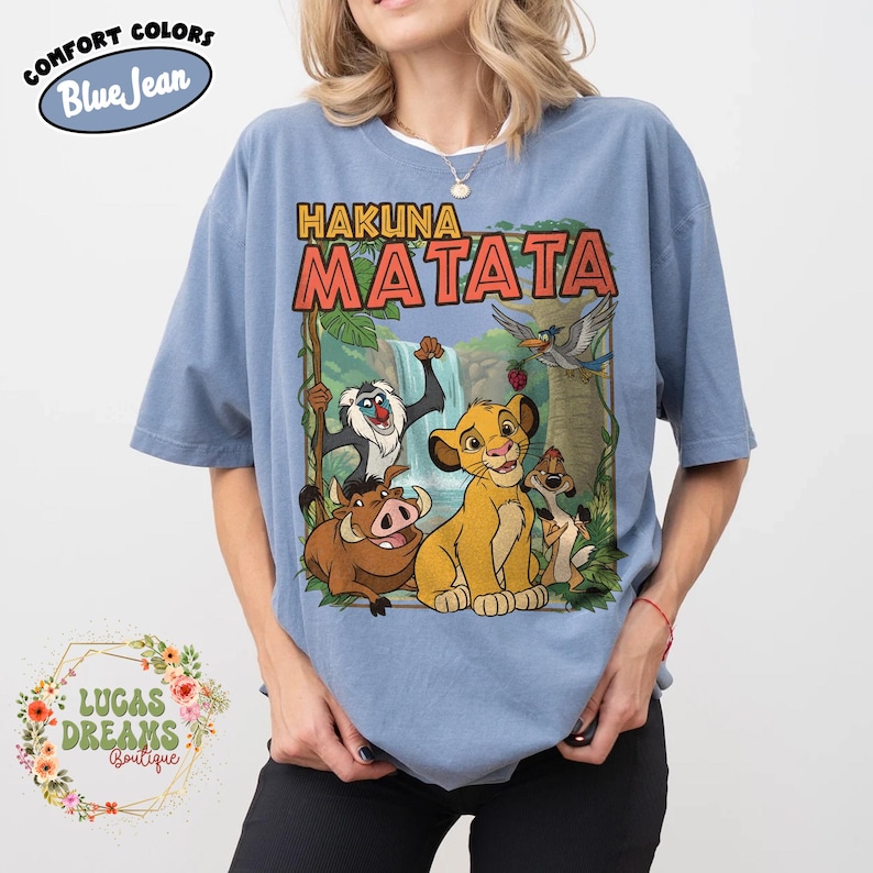 Comfort Colors Retro 90s Lion King Simba & Timon Shirt, Vintage Hakuna Matata Tee, Disneyland Trip Shirt, Disney Family Matching Lion King Blue Jean/Light Blue