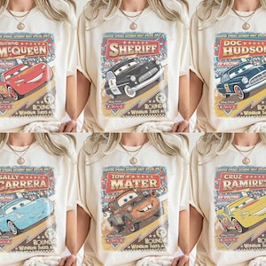 Vintage Cars Movie Shirt, Lightning McQueen Tow Mater Cruz Ramirez Doc Hudson Sally Sheriff Tee, Disney Pixar Gift, Racing Lovers Shirt image 2