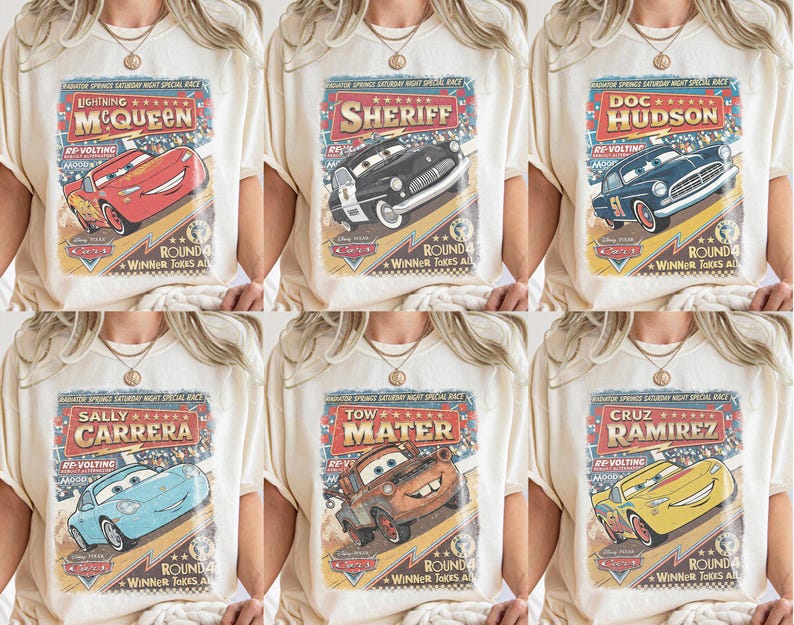 Vintage Cars Movie Shirt, Lightning McQueen Tow Mater Cruz Ramirez Doc Hudson Sally Sheriff Tee, Disney Pixar Gift, Racing Lovers Shirt image 2