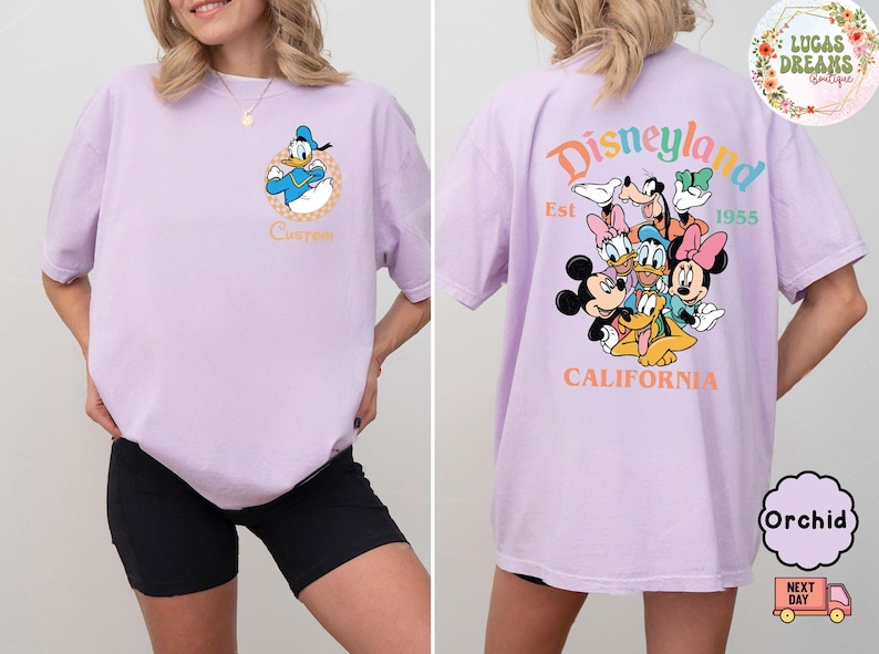 Camiseta retro de personajes de Disneyland, camiseta de vacaciones familiares con Mickey y sus amigos. Orchid/Azalae