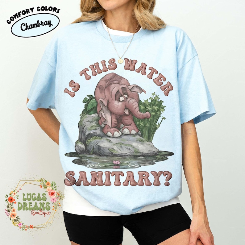 Retro Is This Water Sanitary Shirt, Disney Tarzan 1999 Movie, Elephant Tantor Looking At Water Tee, Animal Kingdom Safari Shirt Chambray/Light Blue