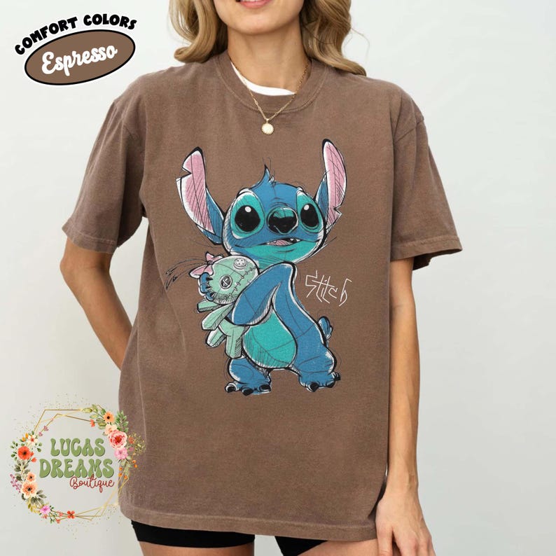Vintage Stitch And Scrump Comfort Colors Shirt, Vintage Lilo And Stitch Tee, Disney World Outfits, Disneyland Family Vacation Gift Espresso