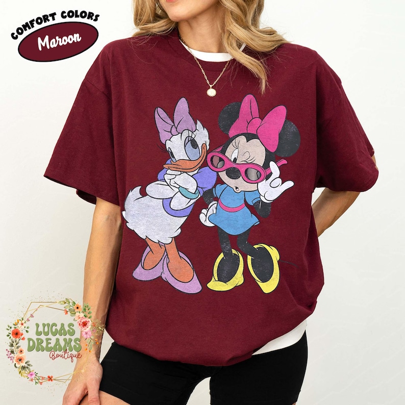 Retro Minnie Daisy Shirt, Vintage Disney Friends Tee, Comfort Colors White Disney Graphic Tee, Disney Trip Shirt, Best Friend Gift Tee Berry/Heliconia