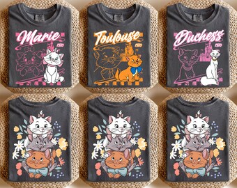 Camiseta dupla face Aristogatas 1970, camiseta Marie Duchess Berlioz Toulouse Scat Cat O'Malley, personagens felinos da Disney, camiseta de férias em família