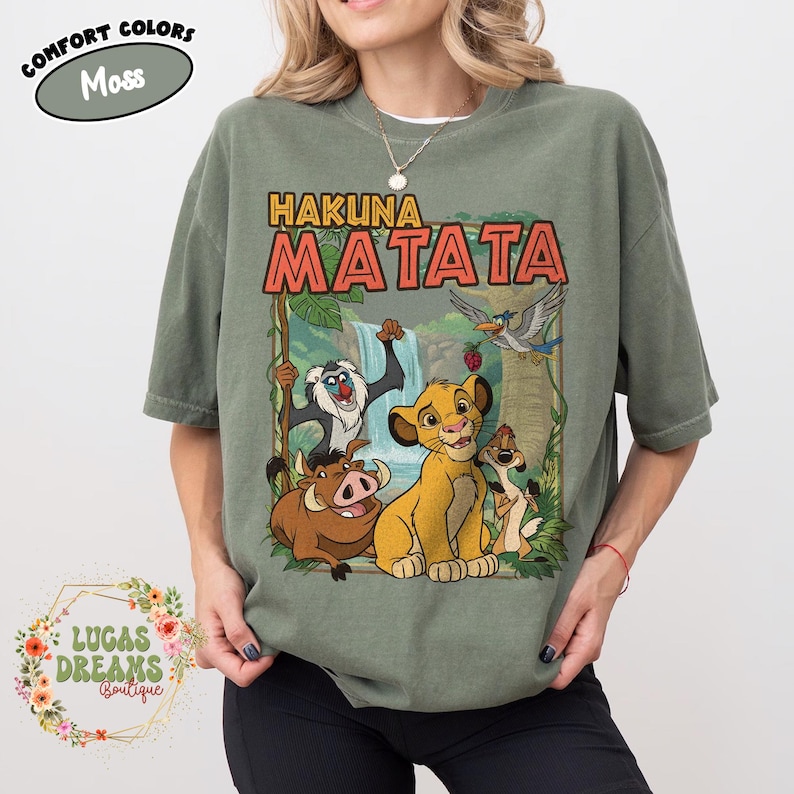 Comfort Colors Retro 90s Lion King Simba & Timon Shirt, Vintage Hakuna Matata Tee, Disneyland Trip Shirt, Disney Family Matching Lion King Moss/Military Green