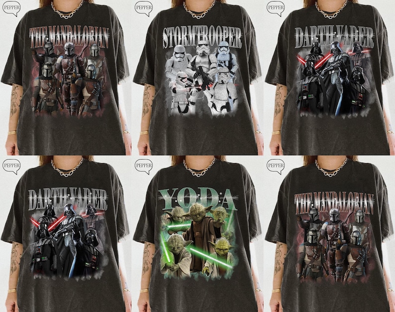 Puede incluir: Una colecci&oacute;n de seis camisetas gris carb&oacute;n con gr&aacute;ficos de personajes de Star Wars. Los dise&ntilde;os incluyen a The Mandalorian, Stormtrooper y Darth Vader con sus nombres impresos en una fuente negrita y desgastada sobre las ilustraciones.