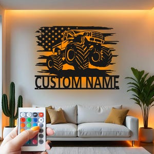 Monster Truck Custom Sign Metal Wall Decor With Led Light , Off-Road Truck Decor, Garage Gift for Truck Lovers