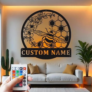 Custom Bee LED Metal Wall Art: Floral Honeycomb Decor