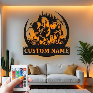Buffalo Led Light Custom Sign Metal Wall Decor, Wildlife Decor, Rustic Bison Home Accent, Cabin Gift for Nature Lover