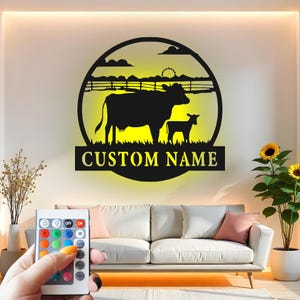 LEDライト付きカスタム牛と子牛のメタルウォールアート、農家の装飾、パーソナライズされた牧場の看板、牛農家へのギフト、納屋の壁掛け