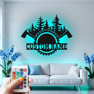 Decorazione murale in metallo personalizzata con luce LED, decorazione da falegname, regalo rustico per boscaioli.