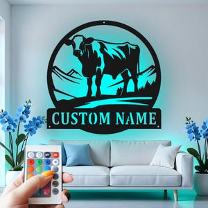 Custom Cow Metal Wall Art: LED Farmhouse Decor, Personalized Rancher Gift