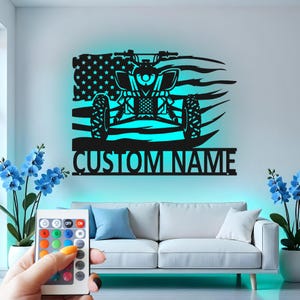 Custom ATV Metal Wall Art With Led Light , Patriotic Off-Road Vehicle American Flag Metal Wall Art, Gift for Riders