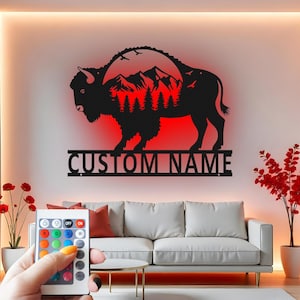 Bison Custom Sign Metal Wall Decor With Led Light , Buffalo Wildlife Custom Sign Metal Wall Decor, Rustic Cabin Decor Gift for Nature Lover