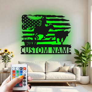 Custom Cowboy Roping Bull Metal Wall Art with LED Light