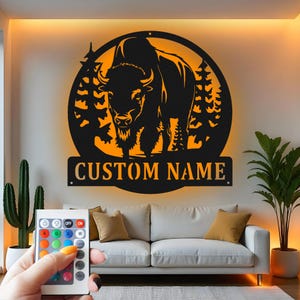 Buffalo Custom Sign Metal Wall Decor With Led Light , Wildlife Bison Decor, Cabin Gift, Rustic Lodge Custom Sign Metal Wall Decor
