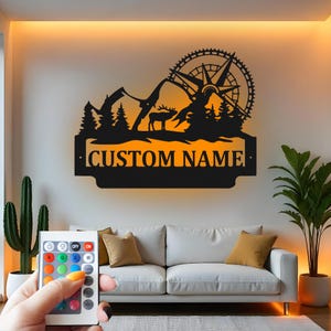 Custom Mountain Compass Metal Wall Art: LED Cabin Decor