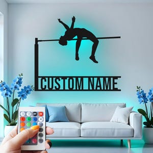 High Jump Athlete Custom Sign Metal Wall Decor With Led Light , Track and Field Decor, Sports Gift for Runner, Teen Room Decoration