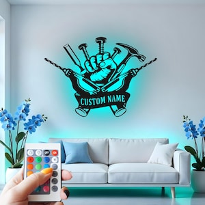 Custom Handyman Tools Metal Wall Art with RGB LED Light