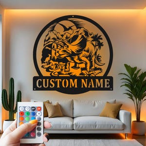 Custom Triceratops Metal Wall Art with LED Light - Dino Nursery Decor