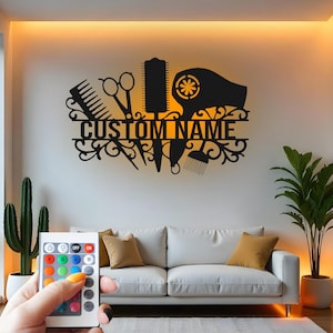 Décoration murale en métal personnalisée pour coiffeur : décoration de salon avec lumière LED