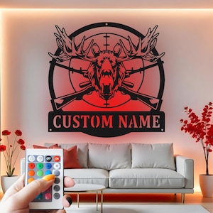 Moose Hunting aangepast bord metalen wanddecoratie met ledlicht, jager cadeau, dieren in het wild decor voor hut, jachthuis muur hangen