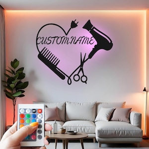 Décoration murale en métal personnalisée pour coiffeur : décoration lumineuse à LED pour salon