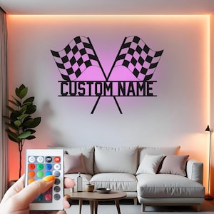 Custom Racing Flags LED Metal Wall Art: Personalized Garage Decor