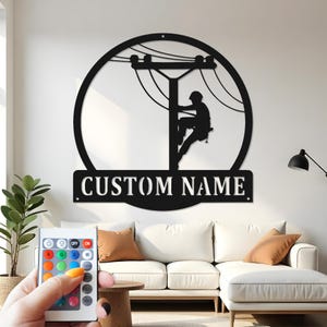 Custom Lineman LED Metal Wall Art: Electrician Gift, Man Cave Decor