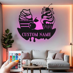 Custom Cupcake Metal LED Sign: Personalized Bakery Decor
