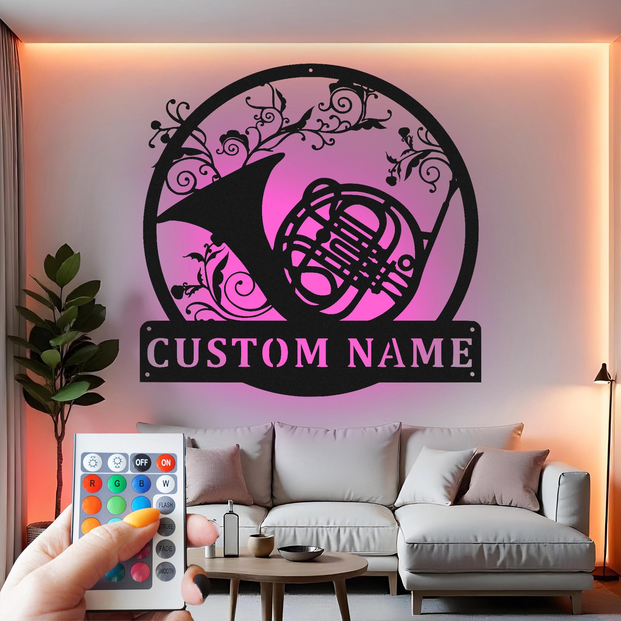 カスタムフレンチホルンLEDメタルウォールアート：パーソナライズされ