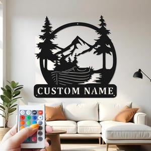 Decorazione murale in metallo personalizzata con lago di montagna e luce a LED, decorazione da esterno personalizzata con natura, regalo per escursionisti