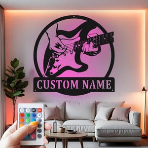 Custom Guitar Player LED Metal Wall Art: Musician Studio Decor