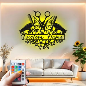 Décoration murale en métal personnalisée pour coiffeur : décoration de salon avec lumière LED