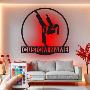 Martial Arts Custom Sign Metal Wall Decor With Led Light , Karate Girl Silhouette, Taekwondo Decor, Gift for Martial Artist