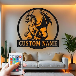 Custom Dragon Metal Wall Art With Led Light , Personalized Fantasy Dragon Decor, Gamer Gift, Dragon Lover Metal Wall Art