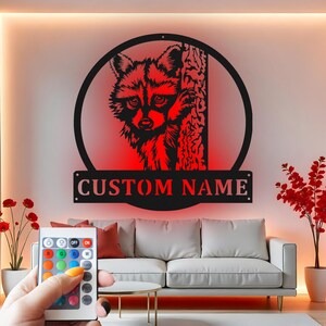 Raccoon Custom Sign Metal Wall Decor With Led Light , Wildlife Decor, Forest Animal Custom Sign Metal Wall Decor Gift for Nature Lovers