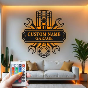 Custom Garage Metal Art with LED: Personalized Mechanic Gift
