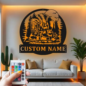 Buffalo Custom Sign Metal Wall Decor With Led Light , Wildlife Bison Scene, Rustic Cabin Decor Gift for Nature Lover