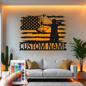 Custom Archery LED Metal Wall Art: American Flag Bow Hunter Decor