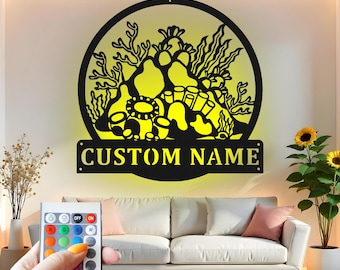Arte mural metálico personalizado de arrecife de coral: Decoración oceánica con LED