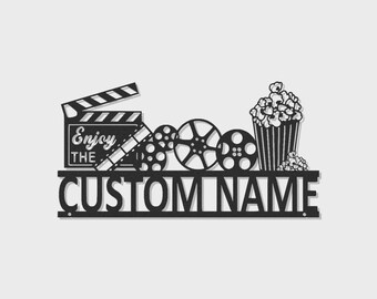 Personalized Cinema Metal Sign | Custom LED Movie Theater Art, Film Reel, Popcorn Decor