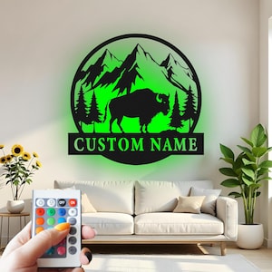 Buffalo Led Light Custom Sign Metal Wall Decor, Mountain Wildlife Decor, Rustic Cabin Decoration, Gift for Nature Lover