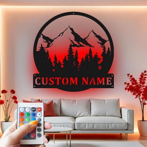 Custom Mountain Scene LED Metal Wall Art: Personalized Cabin Decor