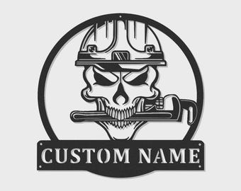 Klempner Schädel LED Metallschild | Personalisierte Werkstatt Wandkunst | Benutzerdefinierte Name Dekor für Garage oder Man Cave | Geschenk für Händler