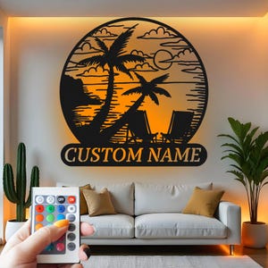 Beach Scene Led Light Custom Sign Metal Wall Decor, Tropical Palm Tree Decor, Coastal Home Accent, Beach House Gift