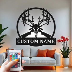 Deer Skull Hunter Custom Sign Metal Wall Decor With Led Light , Hunting Decor, Rustic Cabin Gift for Hunters