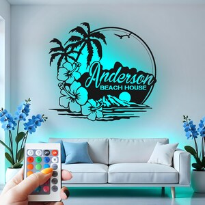 Beach House Led Light Custom Sign Metal Wall Decor, Tropical Palm Tree & Hibiscus Flower Decor, Coastal Home Gift