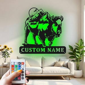 Buffalo Custom Sign Metal Wall Decor With Led Light , Bison Wildlife Scene, Rustic Mountain Home Cabin Decor Gift