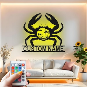 Letrero de cangrejo personalizado de metal para pared con luz LED, con escena de playa tropical, decoración costera, regalo para casa de playa, decoración náutica para el hogar.